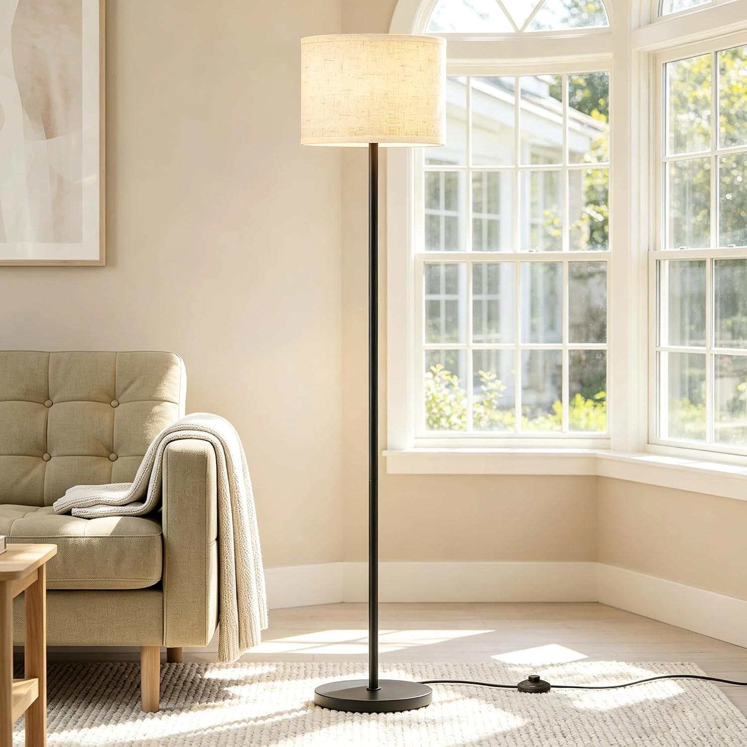 Warm floor lamp in a living room